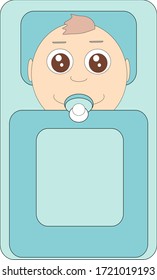 Baby with dummy lying in a blue crib on white isolated background, vector illustration of baby boy in bed with dummy lying in bed.