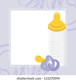 Baby dummy and milk bottle. Decorative frame. Vector