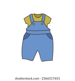 Baby dungaree and blouse under it colorful doodle illustration in vector. Baby overall with t-shirt front view hand drawn colorful icon in vector. 