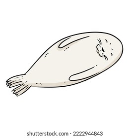 Baby earless seal lineart vector icon. Harp seal, Saddleback Seal, Greenland Seal, comic style image. Hand drawn isolated lineart animal image for prints, designs, cards. Isolated on white background.