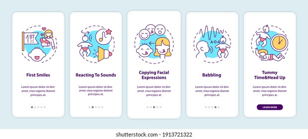 Baby early sensory development onboarding mobile app page screen with concepts. Toddler ability. Infancy walkthrough 5 steps graphic instructions. UI vector template with RGB color illustrations