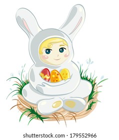 Baby in Easter bunny suit holding three eggs