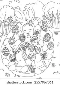 Baby in easter egg basket coloring page vector
