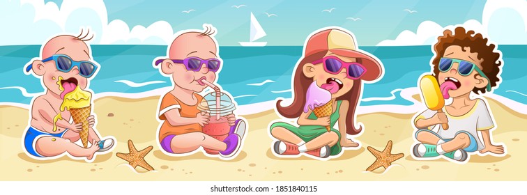 Los niños refrescan con gafas de sol con helado y jugo en la playa