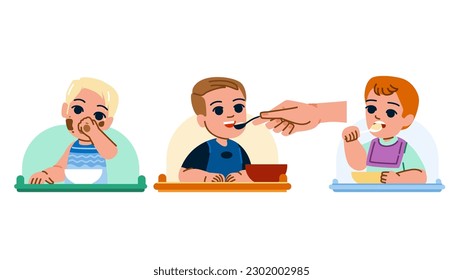 baby eat vector. food cute, child hand, healthy boy, nutrition little, dinner person baby eat character. people flat cartoon illustration