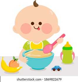 Baby eating cereal and fruit. Vector illustration