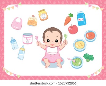 Baby eating food. Character and puree, juice, baby bottles, related items. Vector illustration.