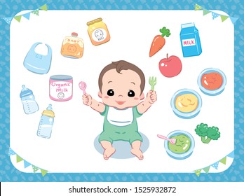 Baby Eating Food. Character And Puree, Juice, Baby Bottles, Related Items. Vector Illustration.