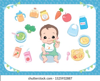 Baby eating food. Character and puree, juice, related items. Vector illustration.