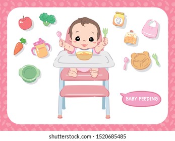 Baby eating food. Characters and related items. Vector illustration.