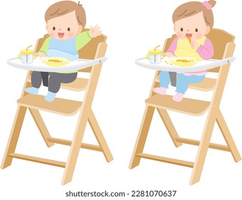 Baby eating baby food illustration set stock