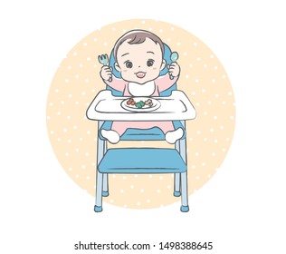 Baby eating baby food. Vector illustration.