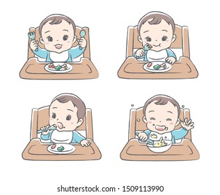 Baby Eating Foods. Vector Illustration.