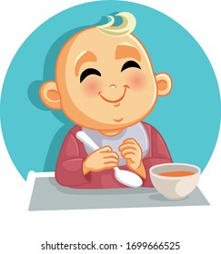 Baby Eating Pure Vector Cartoon Illustration. Funny hungry infant ready to eat baby food
