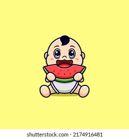 baby eating watermelon in summer