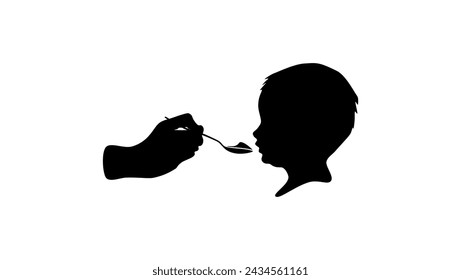 baby eats from a spoon, black isolated silhouette