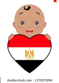 Baby and a Egypt flag in the shape of a heart. Smiling face of a child, symbol of patriotism, independence, travel, emblem of love.
