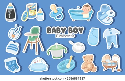 Baby element sticker vector set in cartoon style. Baby boy item clipart in flat design. Baby shower concept.  Products, furniture for caring newborn baby or infant. Sticker set isolated on blue.