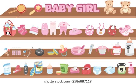 Baby element sticker vector set in cartoon style. Baby girl item clipart in flat design. Baby shower concept. Baby shop with wooden shelf and essential items, products for caring newborns.