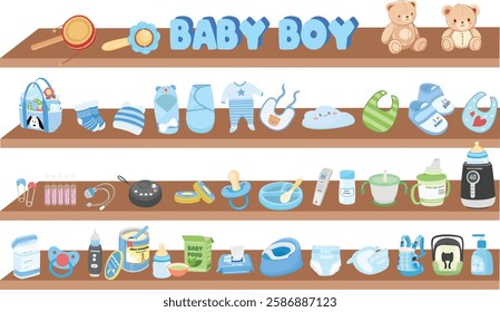 Baby element sticker vector set in cartoon style. Baby boy item clipart in flat design. Baby shower concept. Baby shop with wooden shelf and essential items, products for caring newborns. 