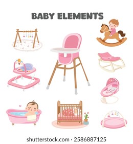 Baby element sticker vector set in cartoon style. Baby girl item clipart in flat design. Baby shower concept.  Products, furniture for caring newborn baby or infant. High chair, crib, swing chair