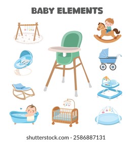 Baby element sticker vector set in cartoon style. Baby boy item clipart in flat design. Baby shower concept.  Products, furniture for caring newborn baby or infant. High chair, crib, swing chair