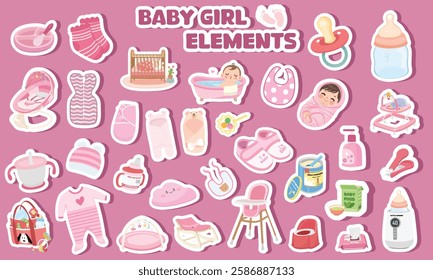 Baby element sticker vector set in cartoon style. Baby girl item clipart in flat design. Baby shower concept.  Products, furniture for caring newborn baby or infant. Sticker set isolated on pink.