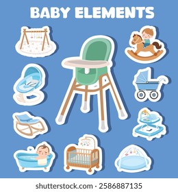 Baby element sticker vector set in cartoon style. Baby boy item clipart in flat design. Baby shower concept.  Products, furniture for caring newborn baby or infant. Sticker set isolated on blue.