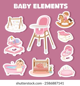 Baby element sticker vector set in cartoon style. Baby girl item clipart in flat design. Baby shower concept.  Products, furniture for caring newborn baby or infant. Sticker set isolated on pink.