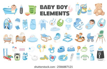 Baby element vector set in cartoon style. Baby boy item clipart in flat design. Baby shower concept.  Products, furniture for caring newborn baby or infant. Bottle, milk, swaddle, clothes, toy, shoes