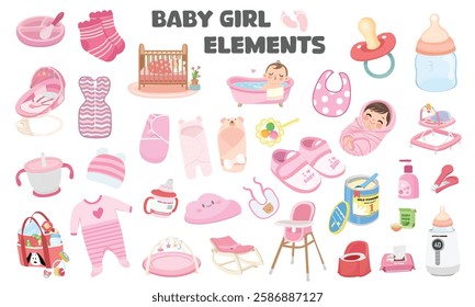 Baby element vector set in cartoon style. Baby girl item clipart in flat design. Baby shower concept.  Products, furniture for caring newborn baby or infant. Bathtub, highchair, bottle, clothes, shoes