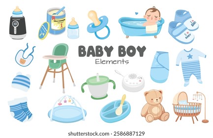 Baby element vector set in cartoon style. Baby boy item clipart in flat design. Baby shower concept.  Products, furniture for caring newborn baby or infant. Bathtub, highchair, bottle, clothes, shoes