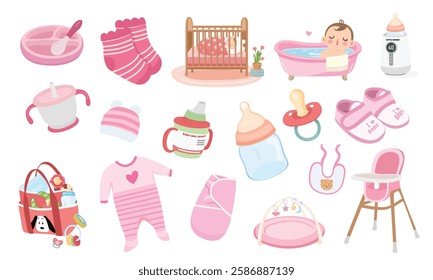 Baby element vector set in cartoon style. Baby girl item clipart in flat design. Baby shower concept.  Products, furniture for caring newborn baby or infant. Crib, bathtub, bottle, high chair, shoes