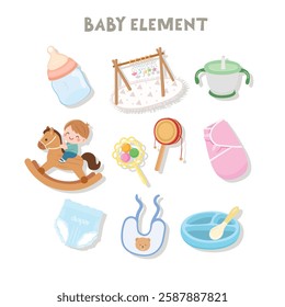 Baby element vector set in cartoon style. Baby item clipart in flat design. Baby shower concept.  Products, furniture for caring newborn baby or infant. Playing mat, bottle, straw cup, bib, pacifier