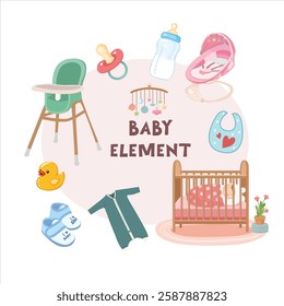 Baby element vector set in cartoon style. Baby item clipart in flat design. Baby shower concept.  Products, furniture for caring newborn baby or infant. Playing mat, bottle, straw cup, bib, pacifier