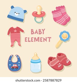 Baby element vector set in cartoon style. Baby item clipart in flat design. Baby shower concept.  Products, furniture for caring newborn baby or infant.  Hat, bottle, bib, pacifier, shoes, sock