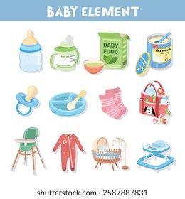 Baby element vector set in cartoon style. Baby item clipart in flat design. Baby shower concept.  Products, furniture for caring newborn baby or infant. High chair, bottle, straw cup, sock, pacifier