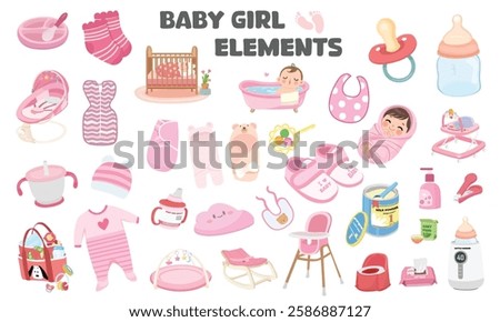 Baby element vector set in cartoon style. Baby girl item clipart in flat design. Baby shower concept.  Products, furniture for caring newborn baby or infant. Bathtub, highchair, bottle, clothes, shoes