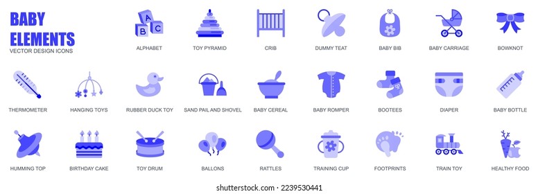 Baby elements concept of web icons set in simple flat design. Pack of alphabet, toy pyramid, crib, dummy teat, bib, carriage, bowknot, romper, bottle and other. Vector blue pictograms for mobile app