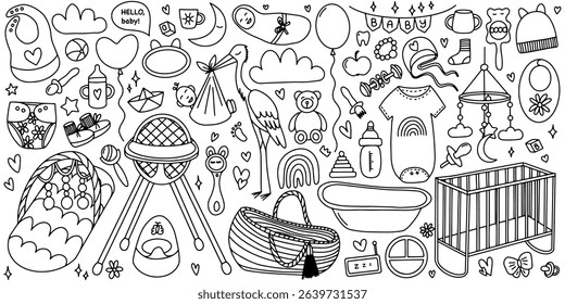 Baby elements doodle hand drawn vector set. New born Baby line doodle set