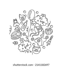 Baby elements hand drawn doodle collection. Isolated vector illustration for backgrounds, web design, design elements, textile prints, covers. Newborn comic style.