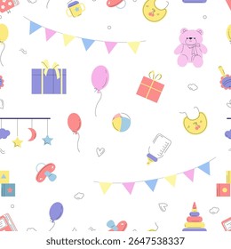 Baby elements seamless pattern. Cute bear, newborn bottle, hearts, different nursery toys. Decorative fabric print, wallpaper wrapping design, vector template