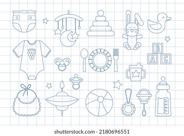 Baby elements set. Collection of stickers for social media. Kids toys and clothes, rompers and diapers. Whirligig, ball and rabbit. Cartoon flat vector illustrations isolated on checkered background