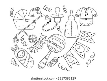 Baby elements set in hand drawn doodle style. Vector illustration isolated on white. Coloring page.