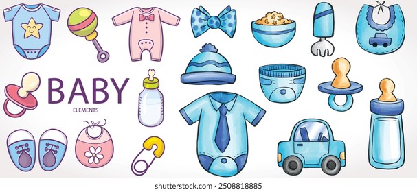 baby elements. Baby stroller and cradle, pacifier mobile and plate. Realistic render style newborn icons. Isolated toddler equipment pithy vector set