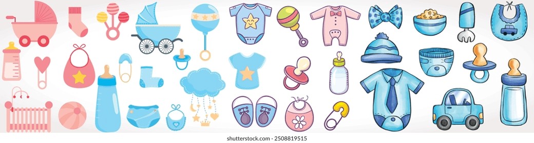 baby elements. Baby stroller and cradle, pacifier mobile and plate. Realistic render style newborn icons. Isolated toddler equipment pithy vector set