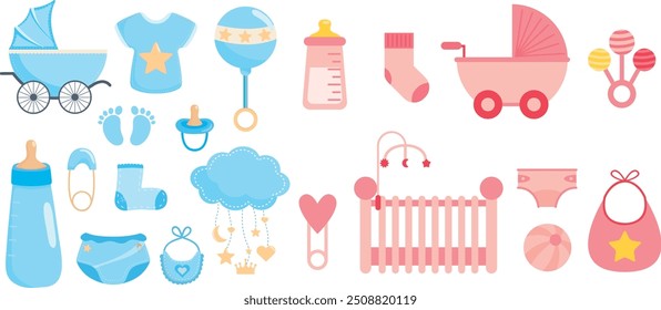 baby elements. Baby stroller and cradle, pacifier mobile and plate. Realistic render style newborn icons. Isolated toddler equipment pithy vector set