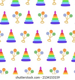Elementos para bebés, juguetes, bovinos, pirámide sin costura. Ilustración vectorial para impresión, fondos, cubiertas, embalaje, tarjetas de felicitación, diseño textil y estacional. Aislado sobre fondo blanco.