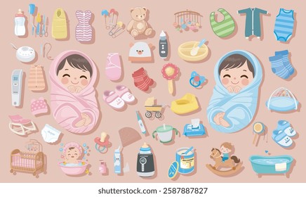 Baby elements vector set in cartoon style. Baby boy and girl items clipart in flat design. Baby shower concept. Products for caring newborn baby or infant. Flat vector set isolated.