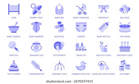 Baby elements web icons set in duotone flat design. Pack pictograms with crib, dummy teat, bib, carriage, bowknot, balloons, cereal, romper, booties, diaper, bottle, toys, other. Vector illustration.